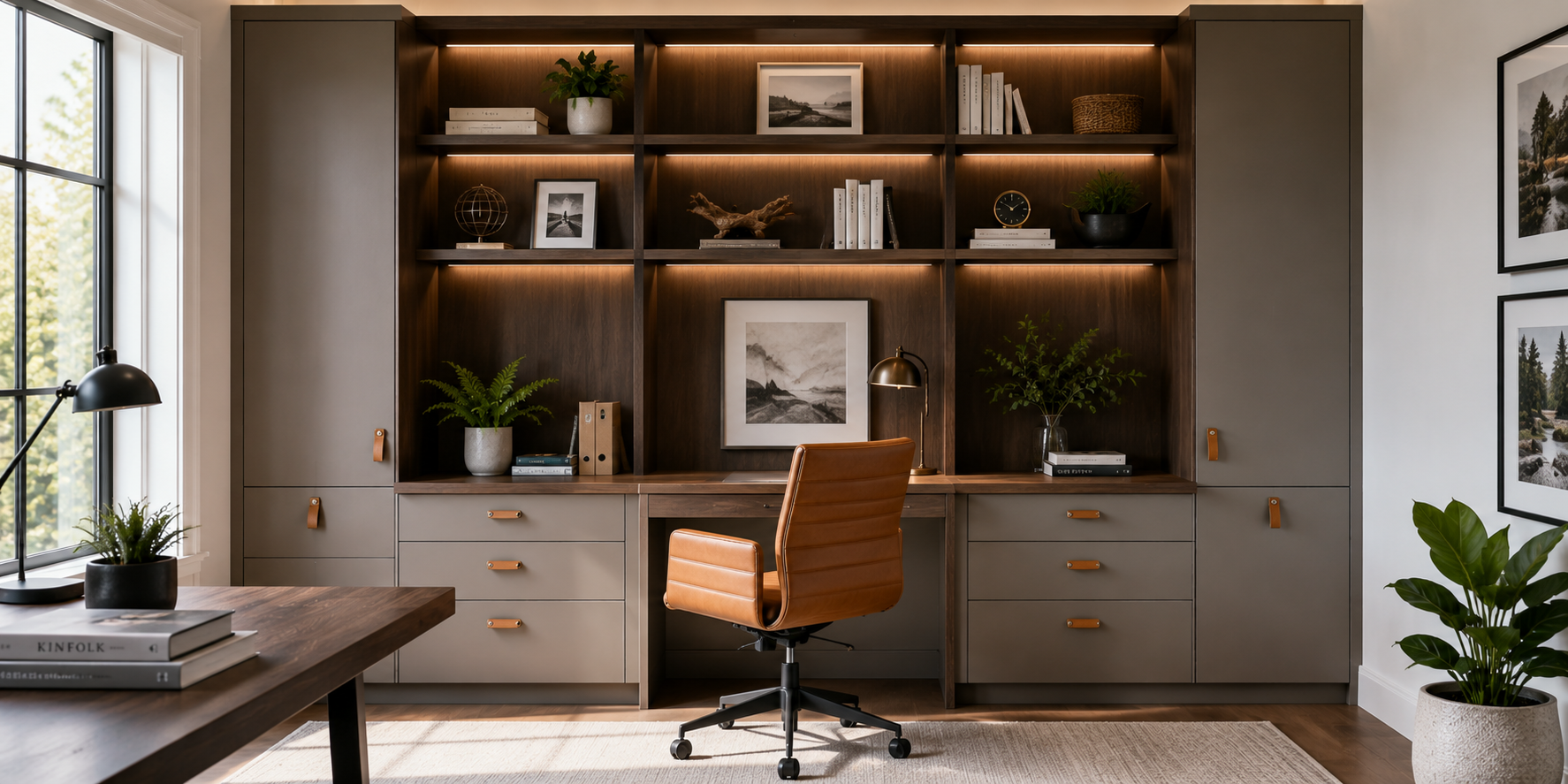 Home office cabinets with tan leather-wrapped knobs, dark wood shelving, and ambient lighting.