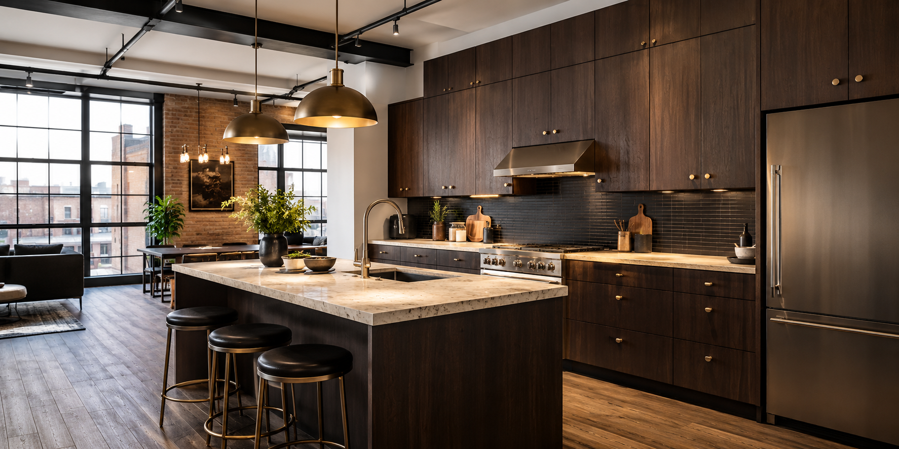 Modern loft kitchen with dark wood cabinets and knurled brass knobs, warm pendant lighting overhead.