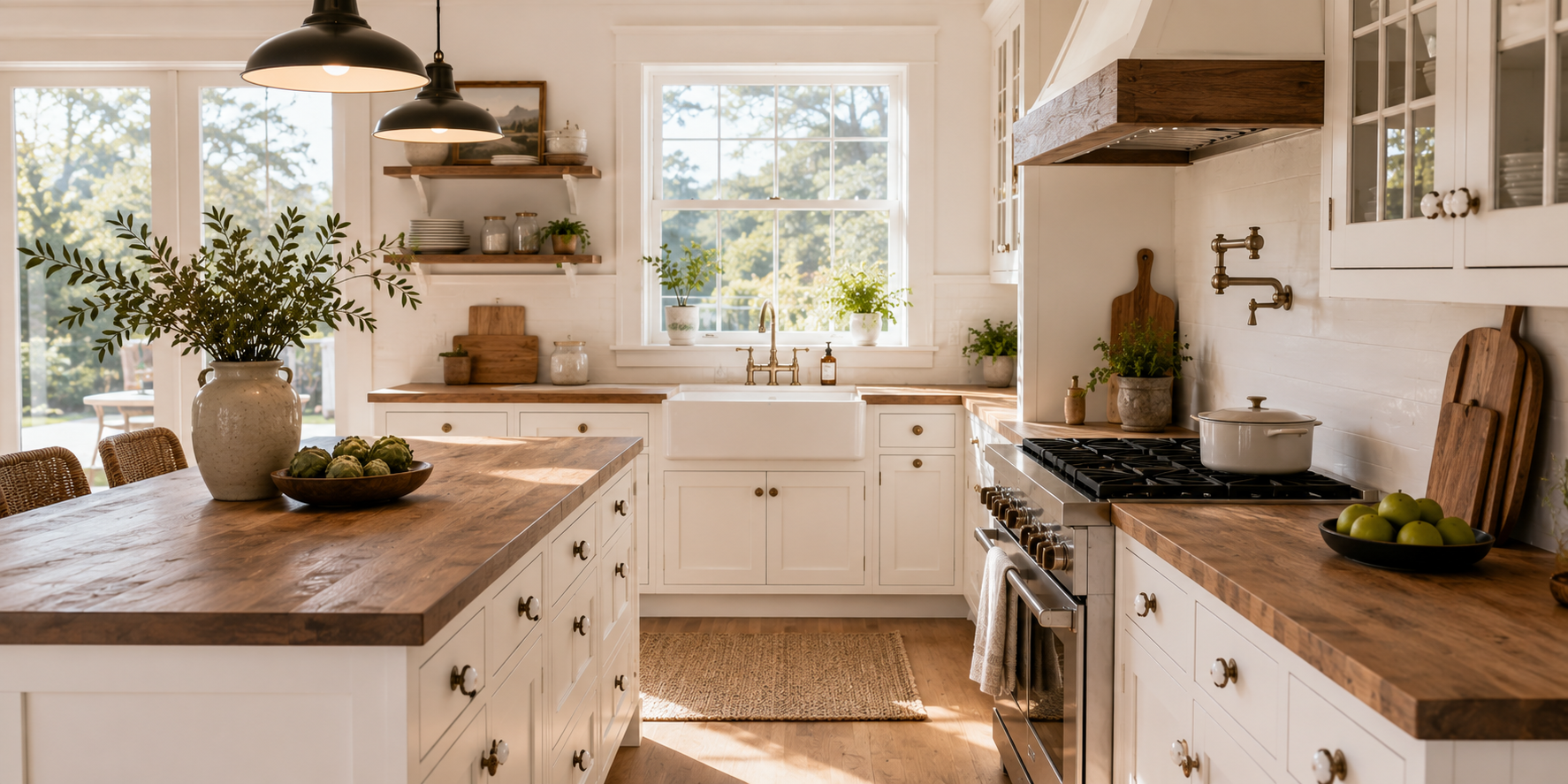 Farmhouse kitchen with white cabinets, porcelain knobs, wood counters, and bright morning sunlight.