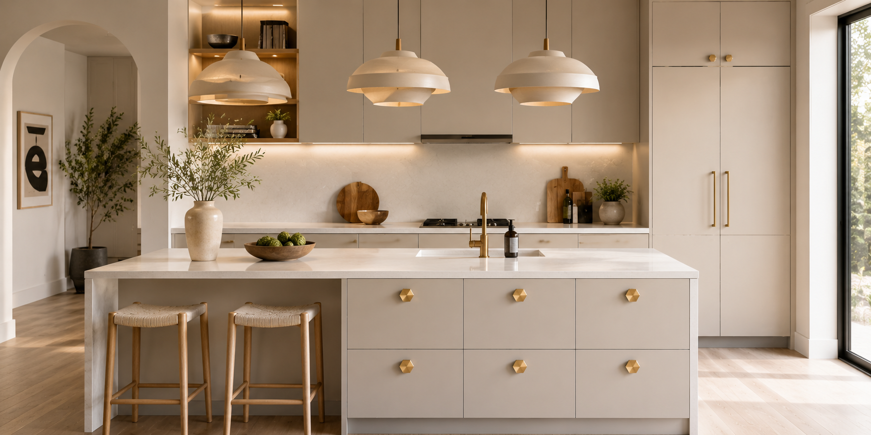 Minimal kitchen with hexagonal brushed gold knobs, flat panel cabinetry, and sculptural pendant lights.