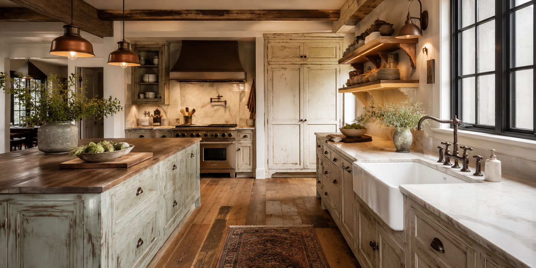 Rustic kitchen with aged bronze knobs on distressed cabinets, farmhouse sink, and warm ambient light.