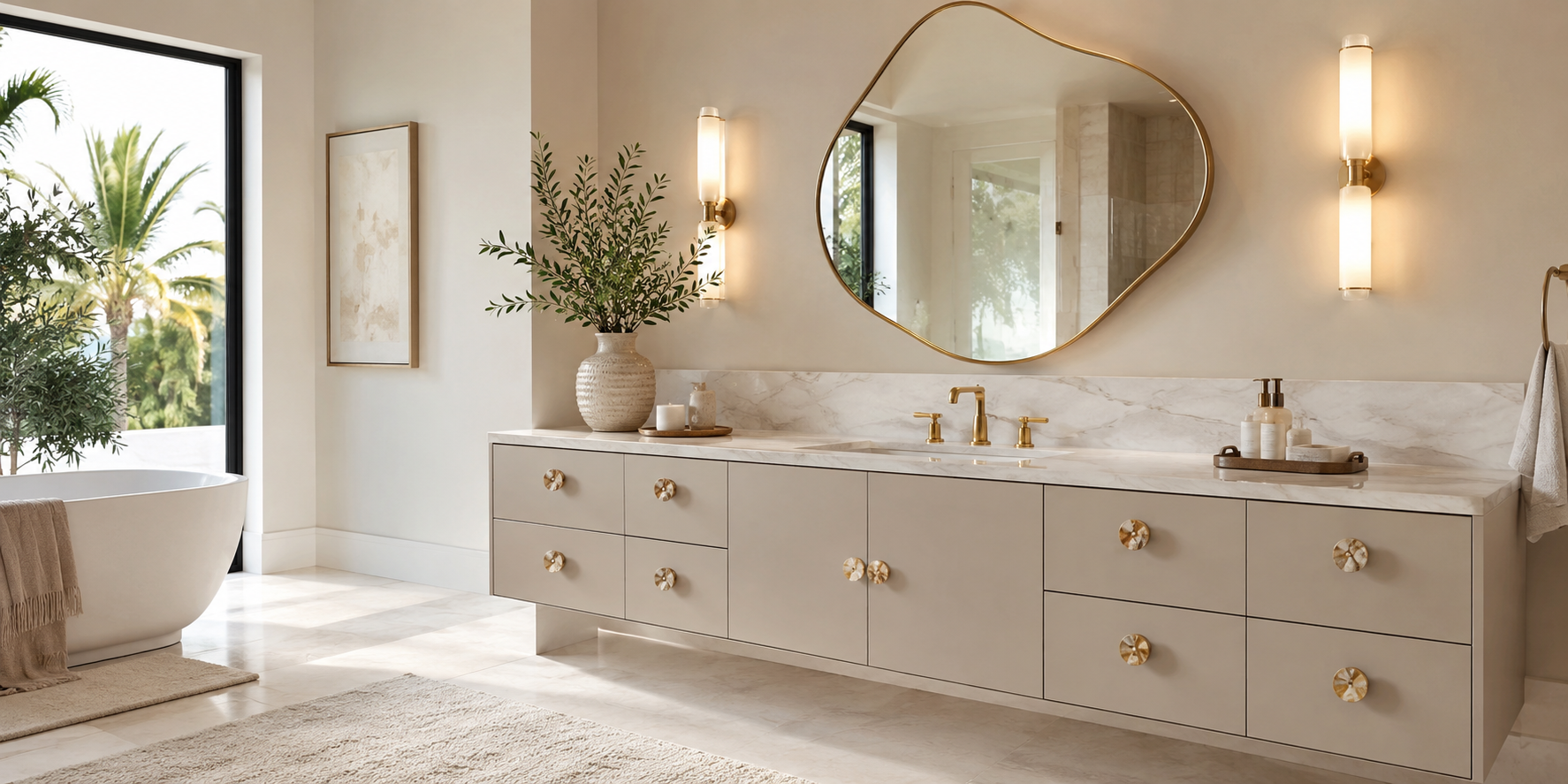 Modern vanity with resin swirl knobs, neutral cabinetry, and sculptural mirror above.