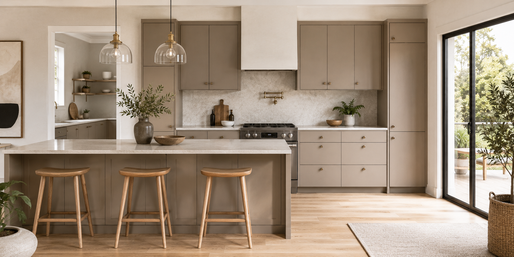 Matte taupe cabinets with slim disc-shaped knobs, natural wood flooring, and minimalist styling.
