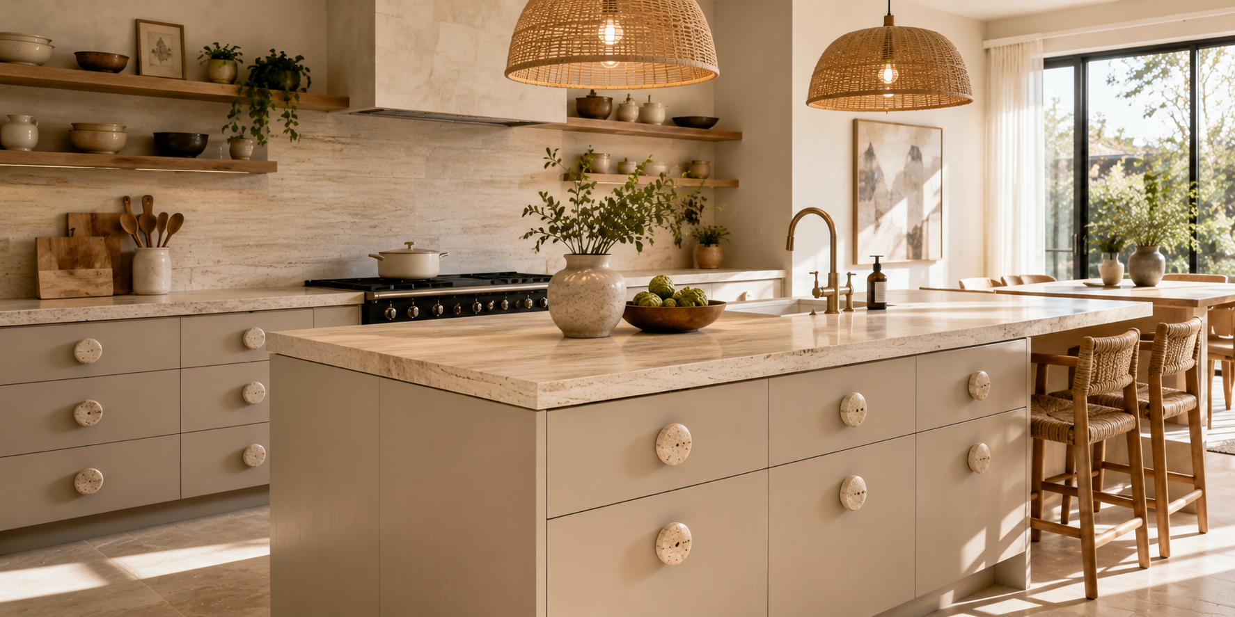 Kitchen island with travertine stone knobs, beige cabinetry, organic textures, and sunlight streaming through.
