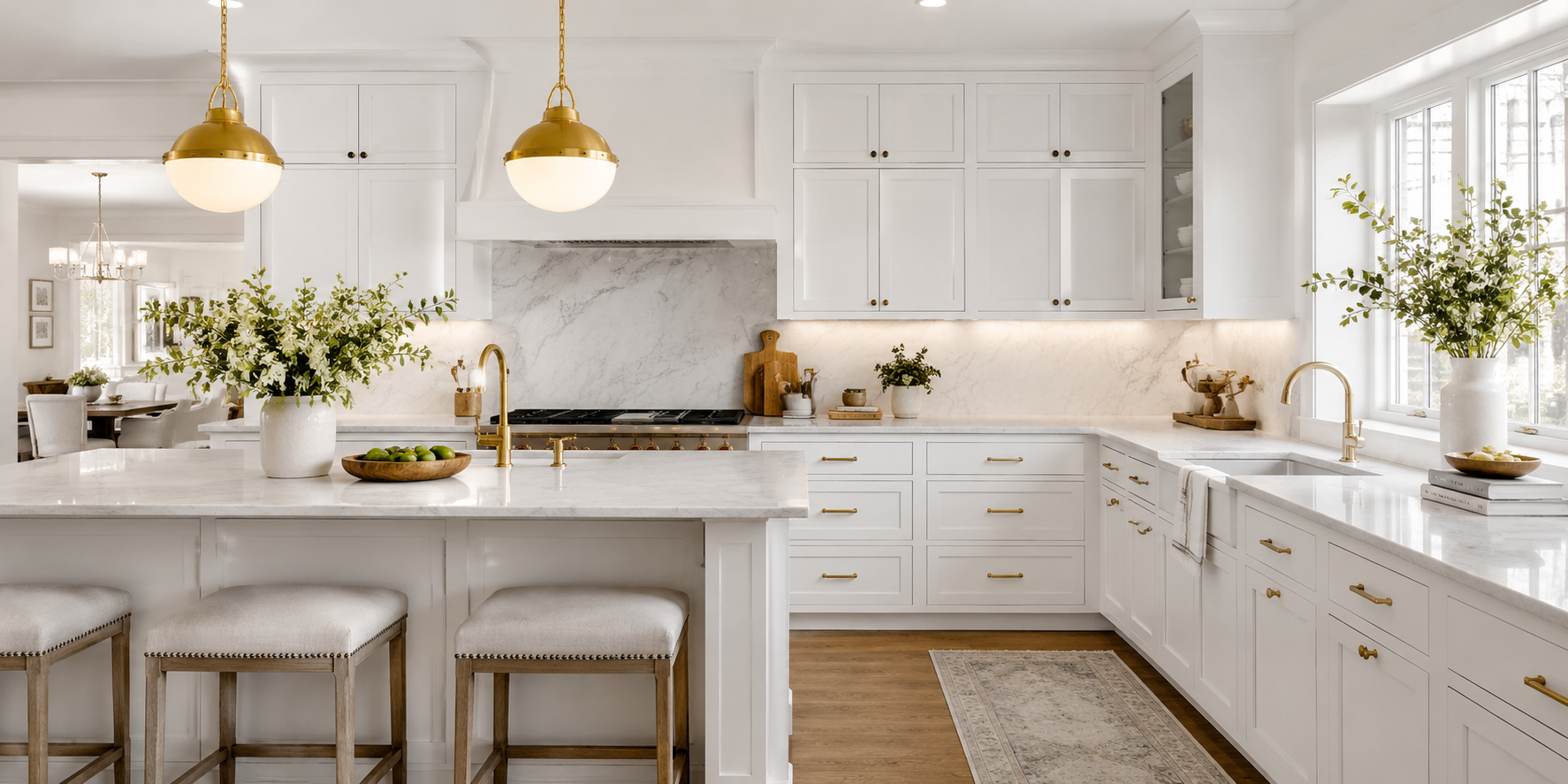 Modern transitional kitchen with white cabinets and black-brass two-tone knobs, marble backsplash.