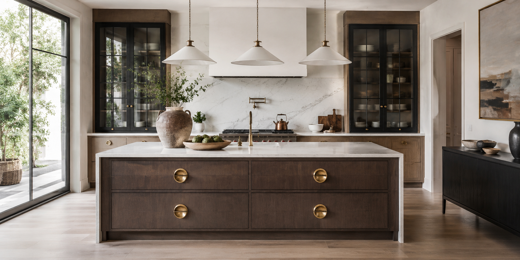 Artistic kitchen island with large sculptural bronze knobs, minimalist decor, high-end modern lighting.