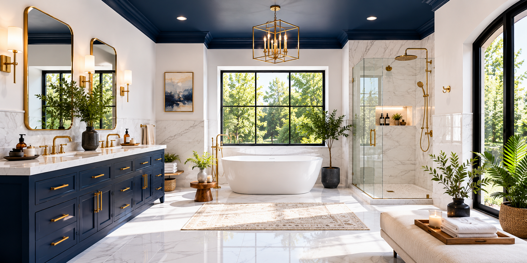 Bathroom with a navy blue painted ceiling, white marble tiles, brass fixtures, and a large mirror reflecting natural light.