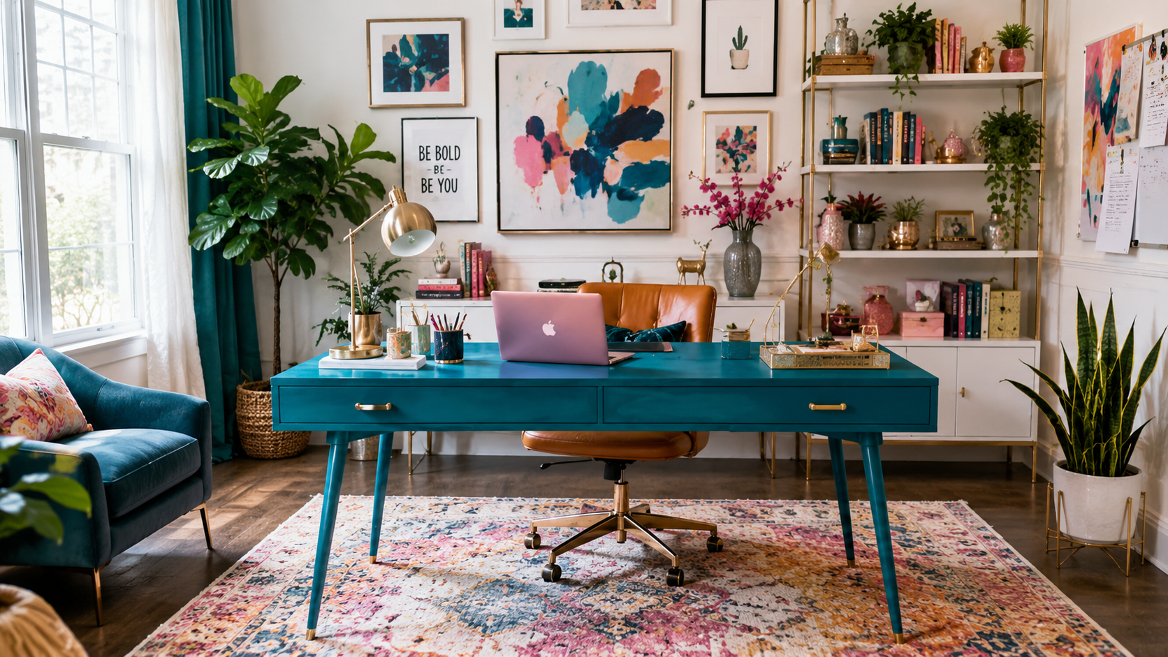 Colorful home office with bold teal desk, wall art, and coordinated decorative accents.