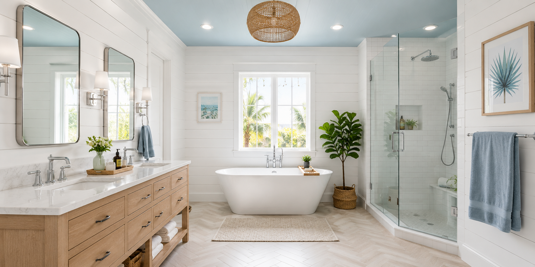Bathroom with soft sky blue ceiling, white shiplap walls, and light wood vanity with chrome fixtures.