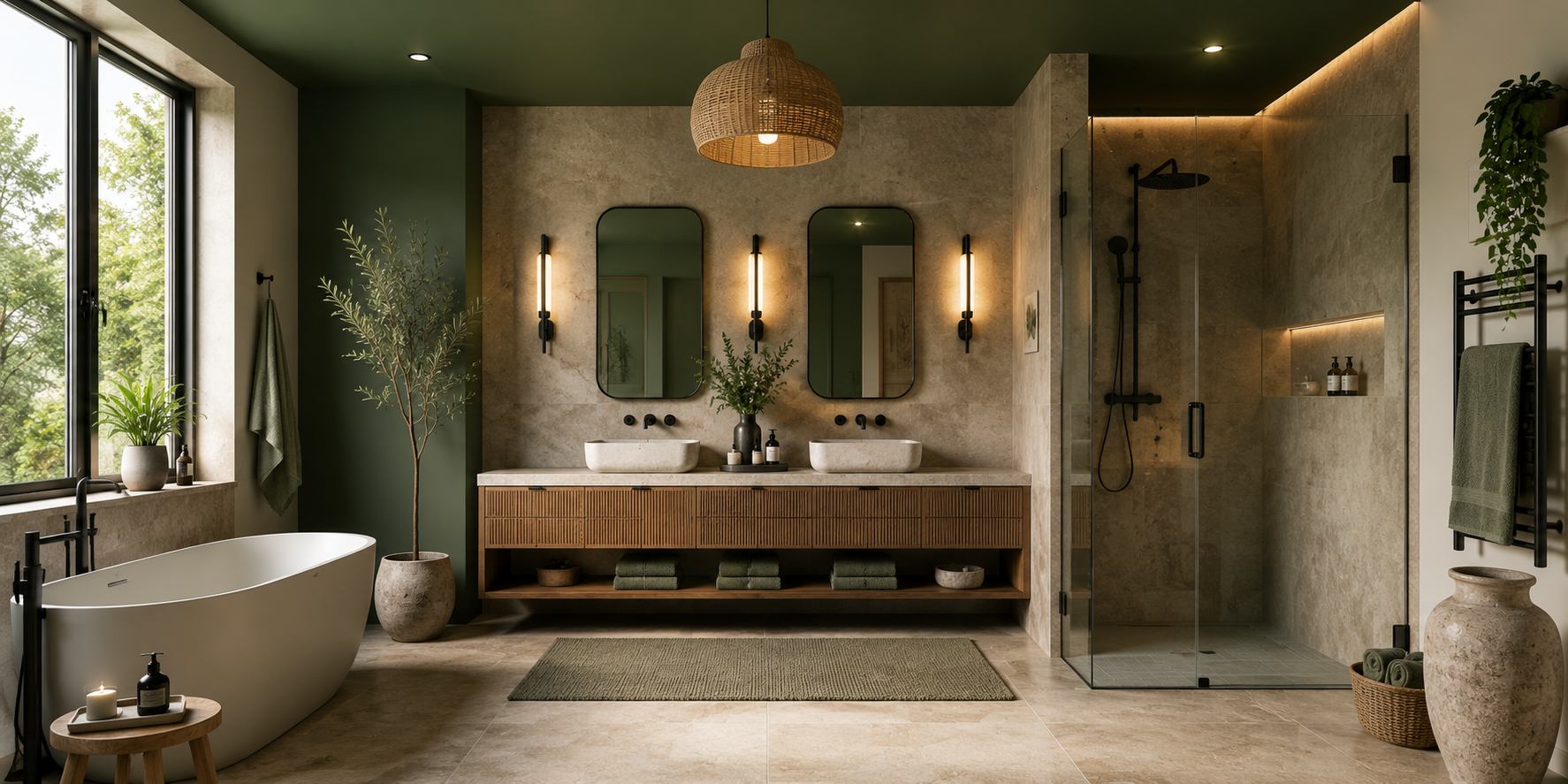 Modern bathroom with forest green ceiling, natural stone finishes, matte black accents, and soft window light.