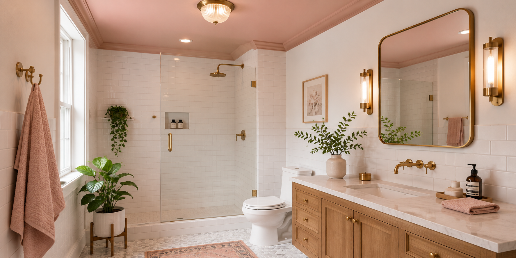 Bathroom with blush pink ceiling, white subway tiles, brass mirror frame, and soft gold fixtures.