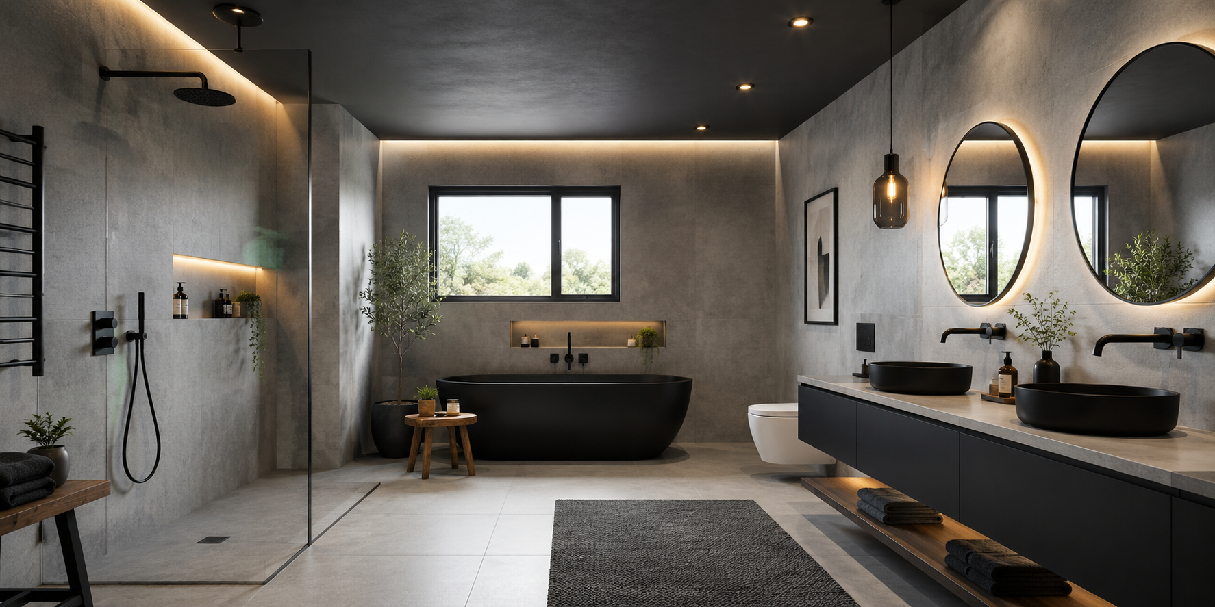 Contemporary bathroom with charcoal gray ceiling, concrete tiles, black fixtures, and minimalist lighting.