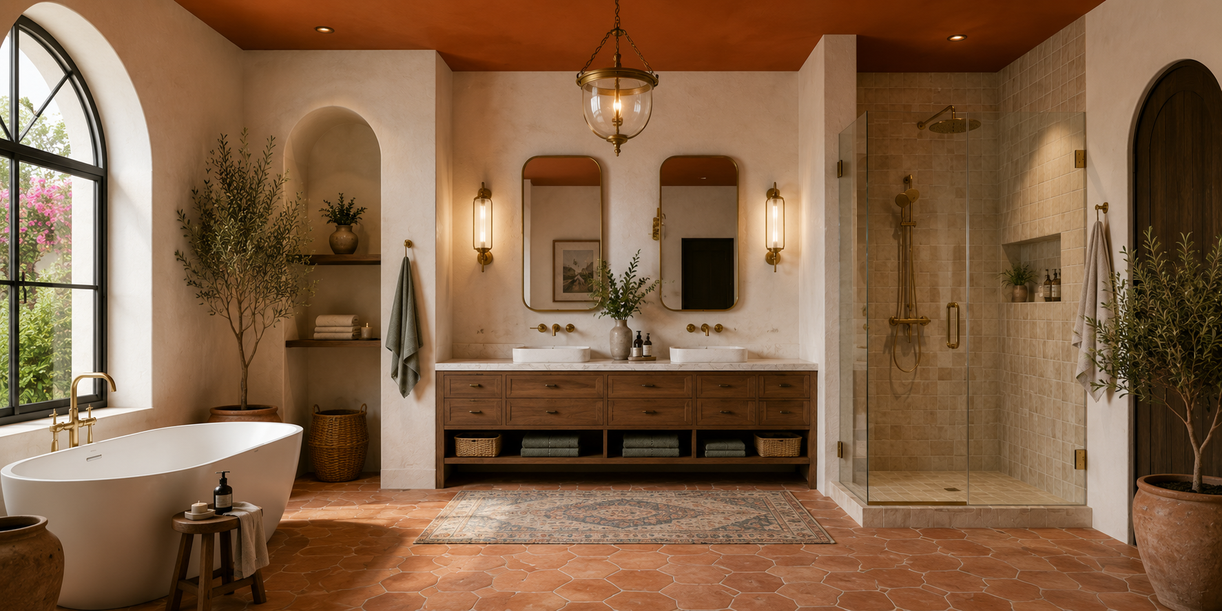 Mediterranean-style bathroom with terracotta-painted ceiling, clay tile floor, and brass lighting.