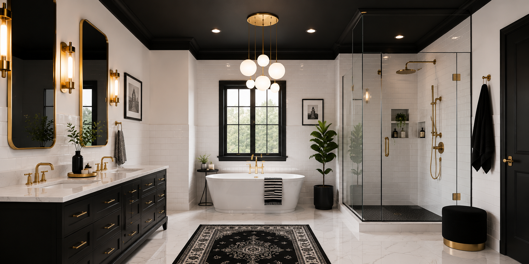 Monochrome bathroom with black ceiling, white tiles, gold accents, and hanging globe lights.