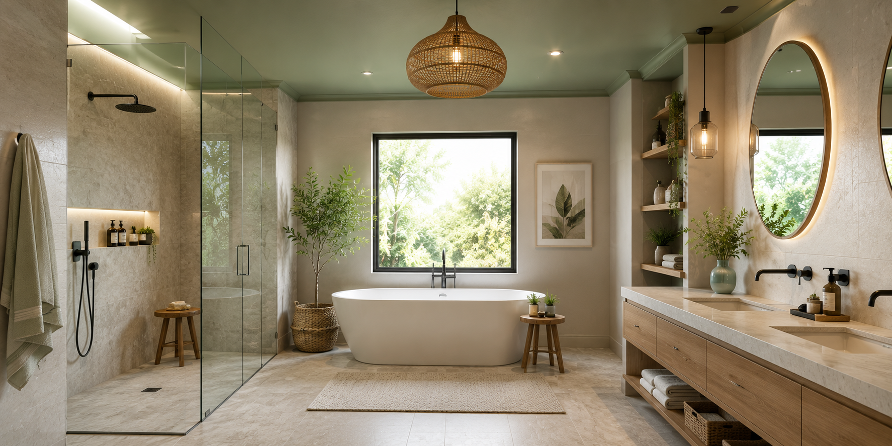 Spa-inspired bathroom with sage green ceiling, natural stone finishes, and wood vanity.