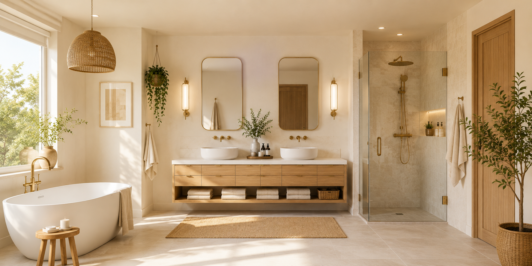 Bathroom with creamy off-white ceiling, light wood accents, soft neutral palette, and natural sunlight.