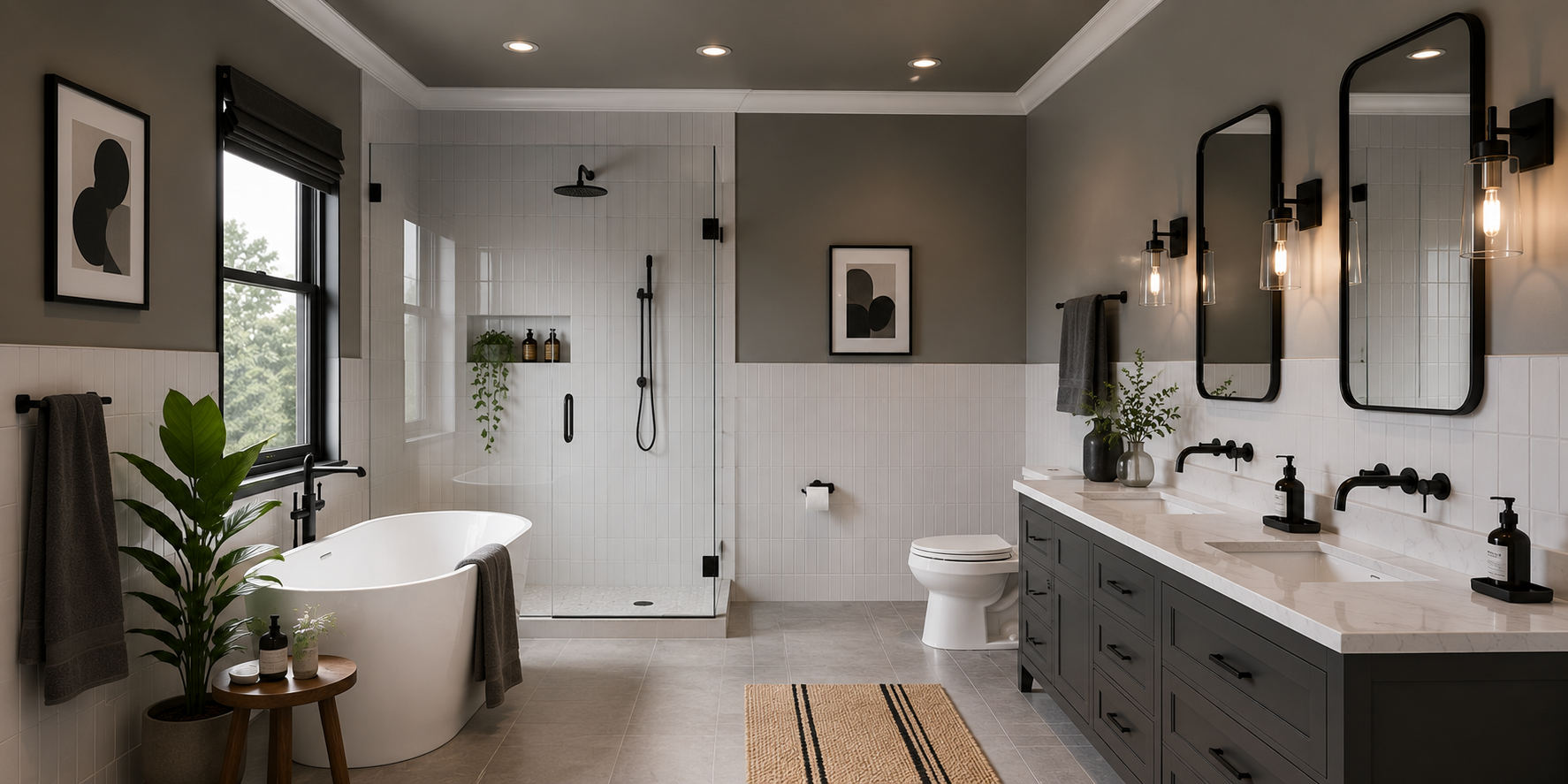 Modern bathroom with two-tone wall and ceiling, muted gray palette, and matte black fixtures.