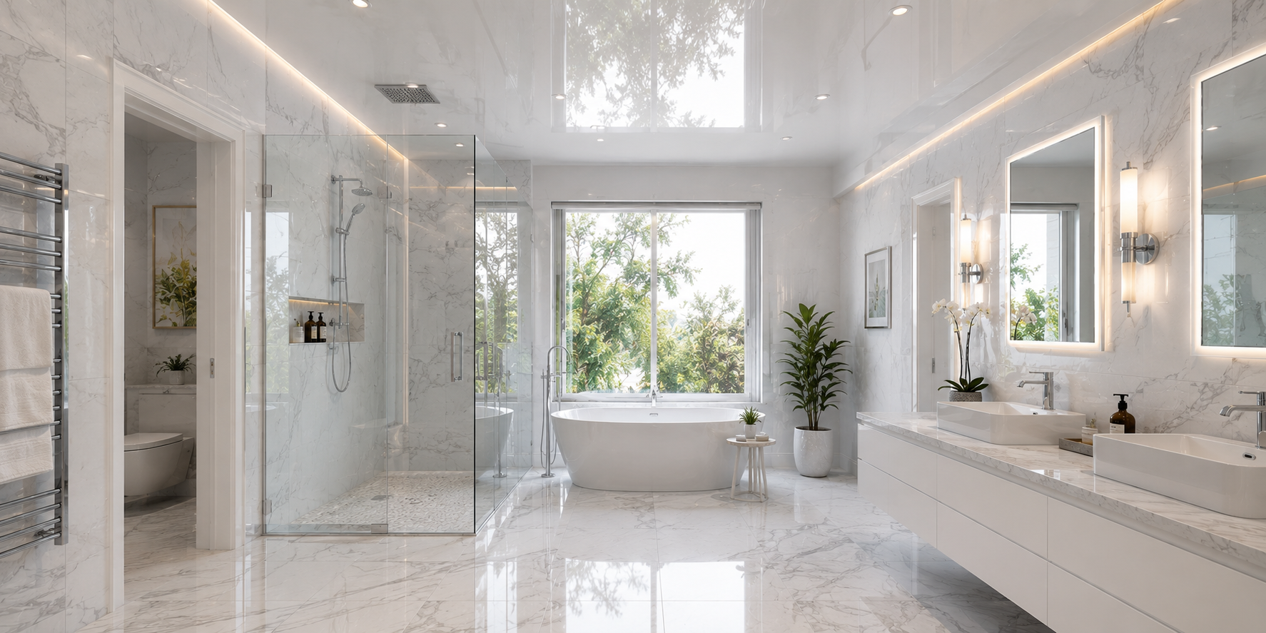 Bathroom with glossy white ceiling reflecting light, marble tiles, and sleek fixtures.