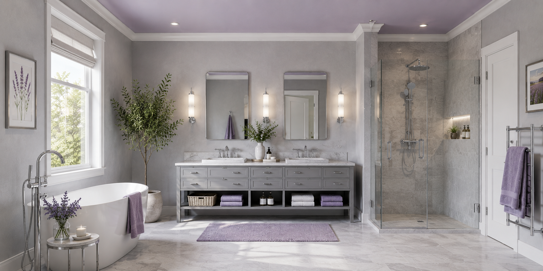 Bathroom with lavender-painted ceiling, gray walls, chrome fixtures, and soft daylight.