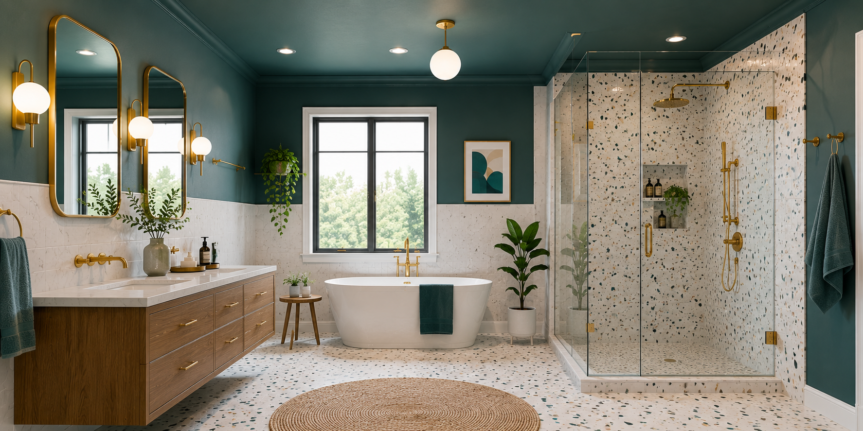 Modern bathroom with teal ceiling, terrazzo tiles, and gold fixtures.