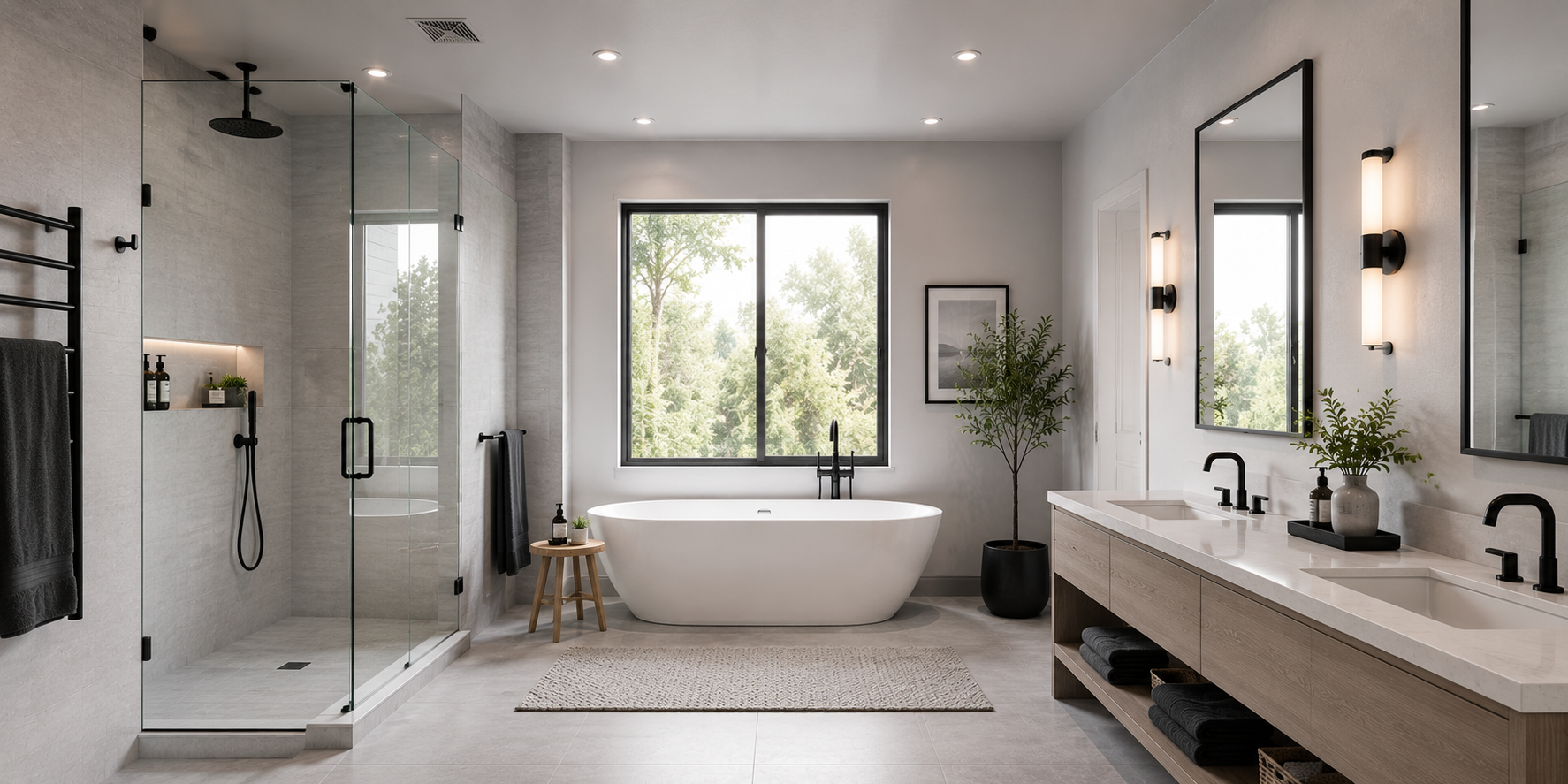 Bathroom with pale gray ceiling, black fixtures, and clean modern lines.