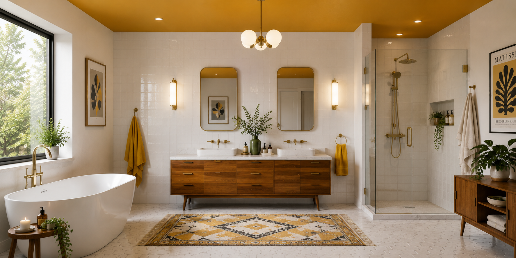 Bathroom with mustard yellow ceiling, white tiles, and mid-century modern accents.