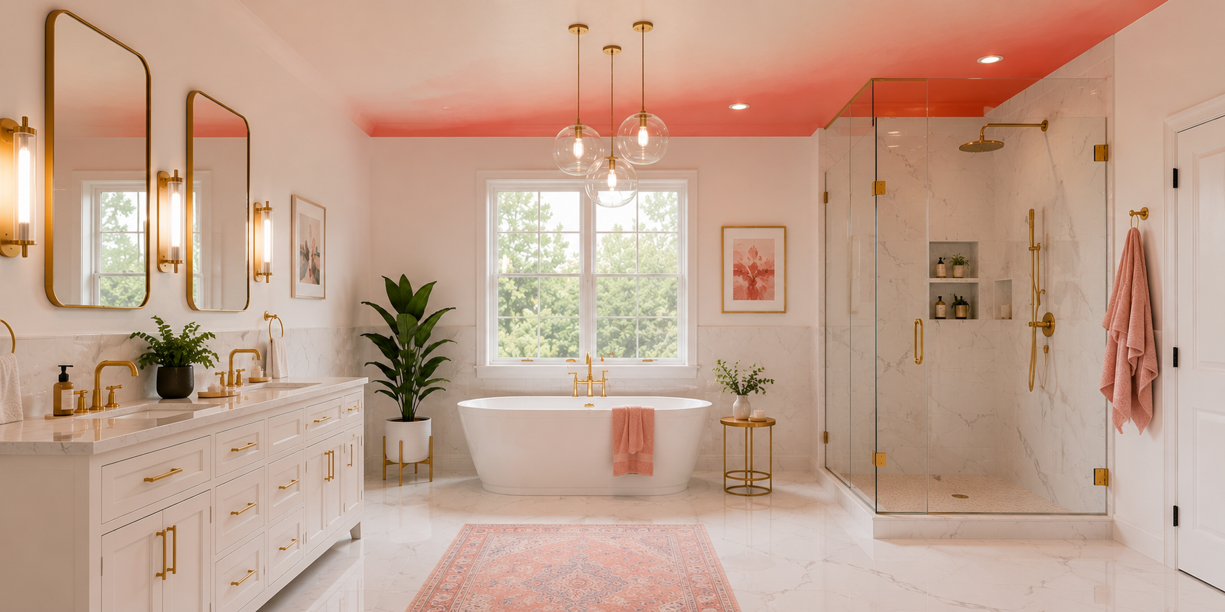 Bathroom with ombre-painted ceiling transitioning from pale pink to coral, white marble finishes, and pendant lighting.