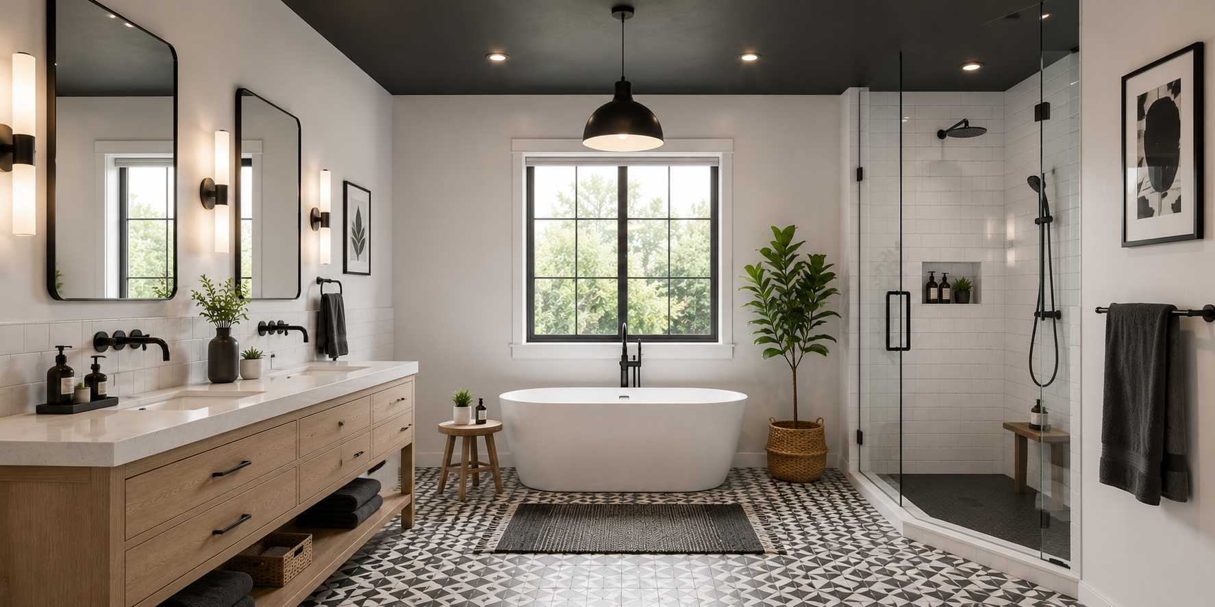 Bathroom with dark painted ceiling, patterned floor tiles, and minimalist white walls.