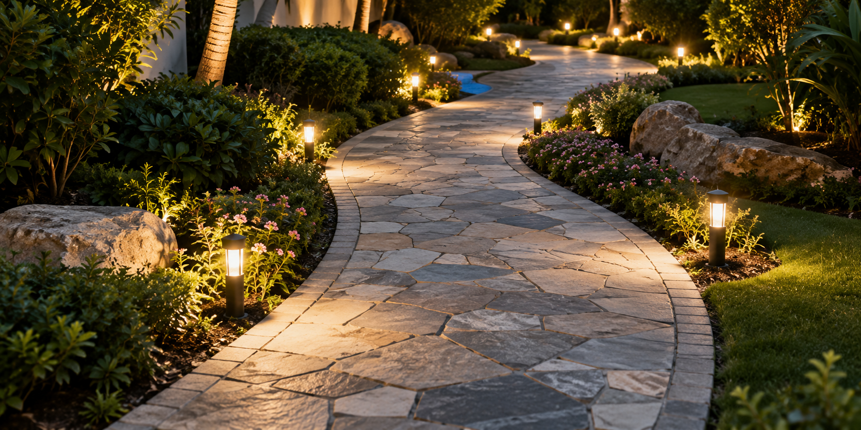 Stone pathway curving through garden with low lights, greenery, and small flowering plants along the edges