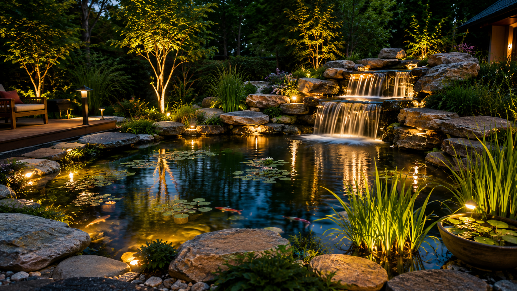 Modern garden pond with small waterfall, aquatic plants, and glowing lights reflecting off the surface.