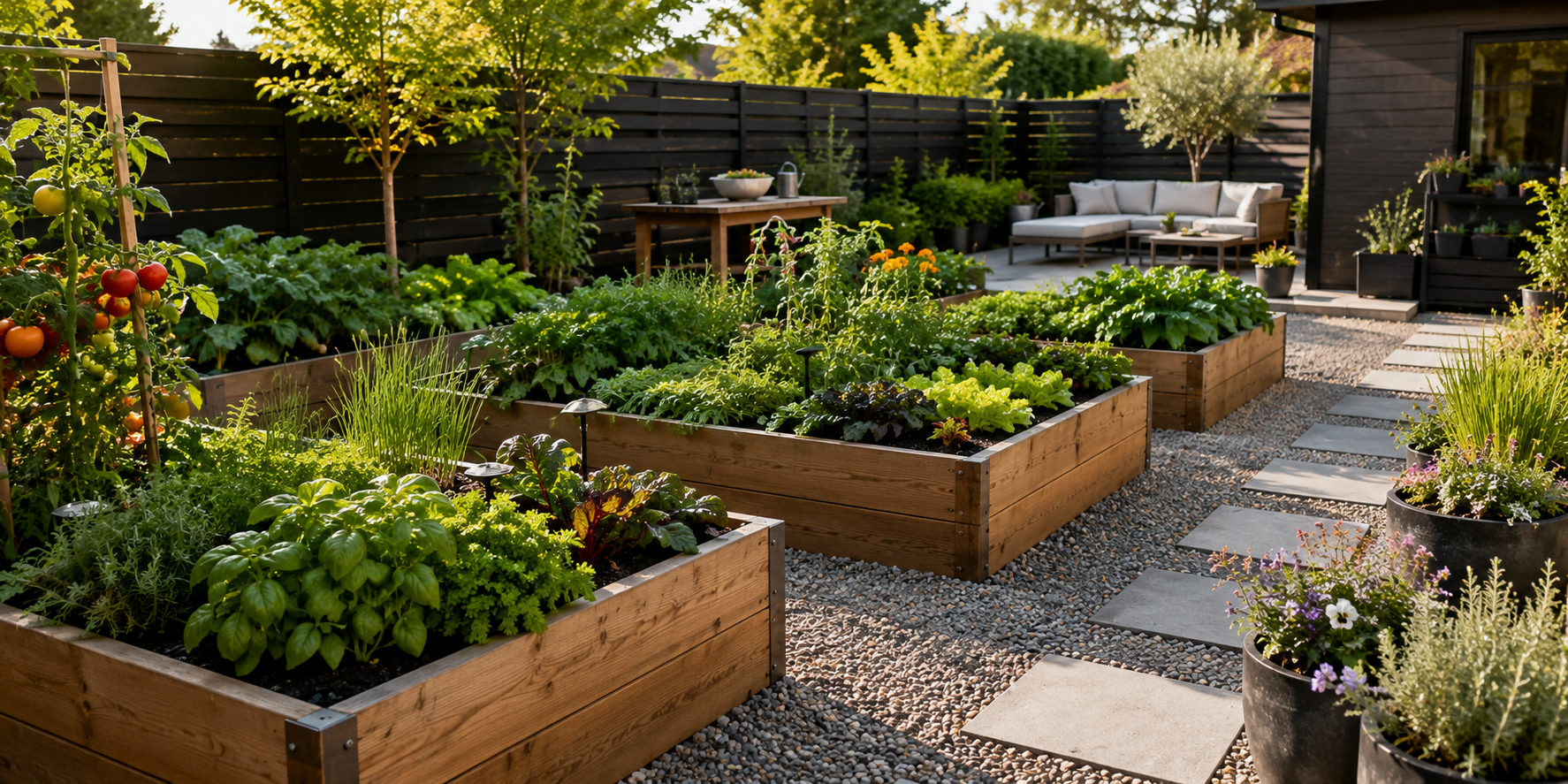 Backyard with raised wooden beds filled with herbs and vegetables, surrounded by gravel paths and modern planters.