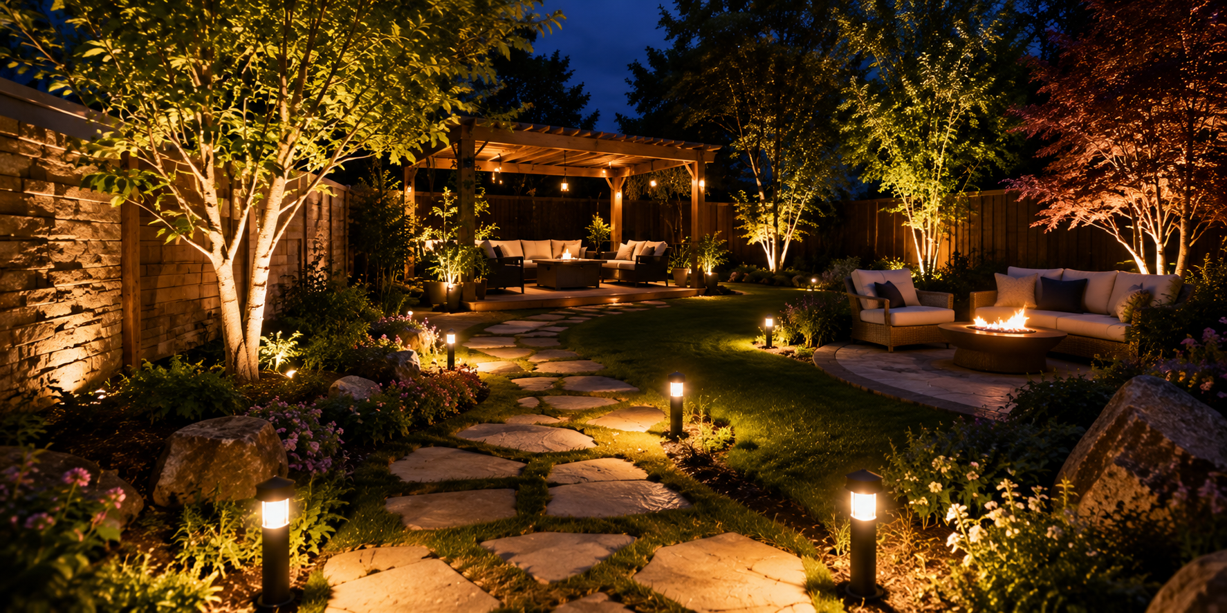 Evening garden with glowing path lights, uplighted trees, and cozy seating illuminated by soft ambient light.
